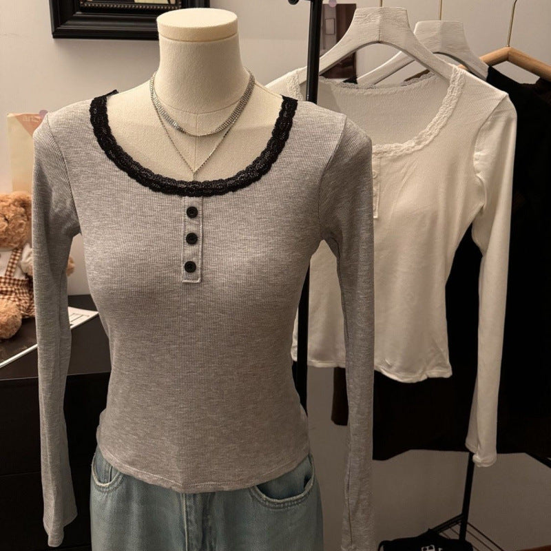 Women's Lace Trim Warm Padded Long Sleeve Base Layer Top