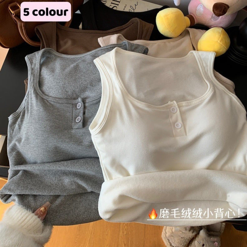 Square Neck Button Vest for Women Brushed Autumn Winter Top