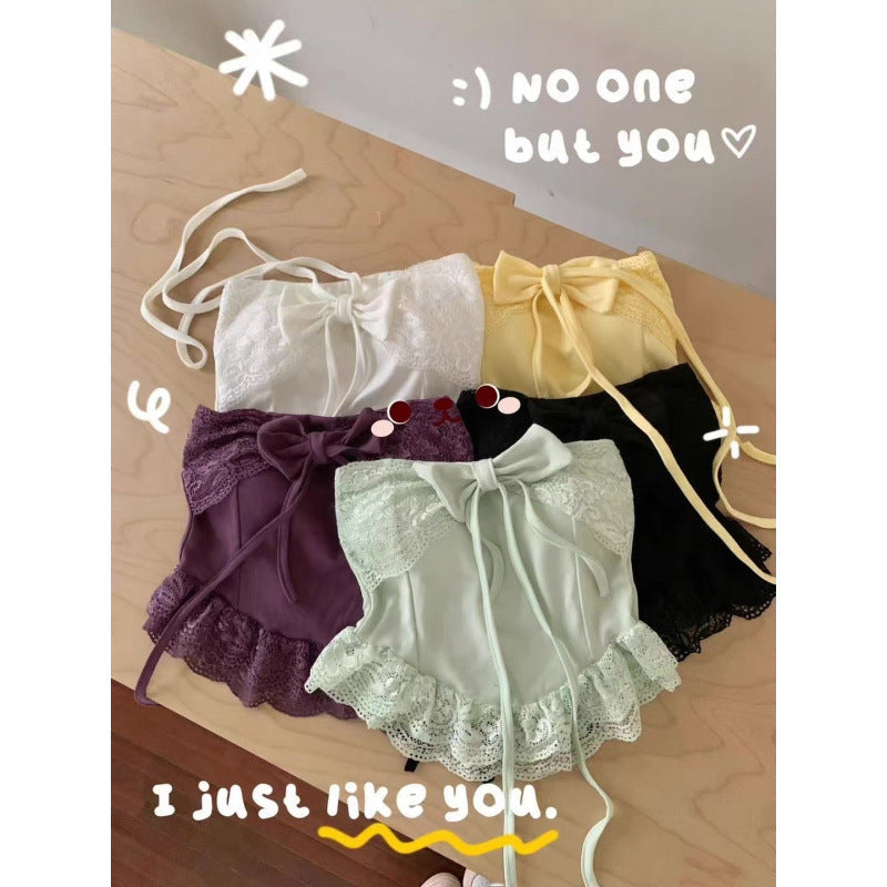 Lace Bow Tie Halter Neck Camisole Women Slim Fit Padded Top
