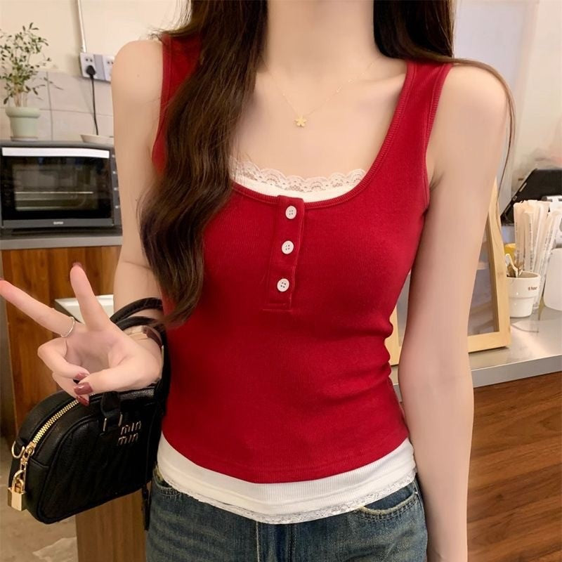 Red Lace Sleeveless Camisole Women Fake Two Piece Top