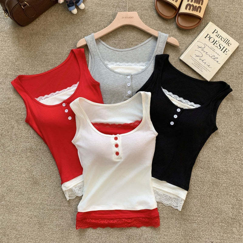 Red Lace Sleeveless Camisole Women Fake Two Piece Top