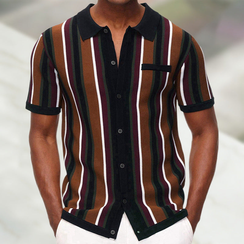 Men's Striped Lapel Short Sleeve Cardigan Polo Casual Shirt