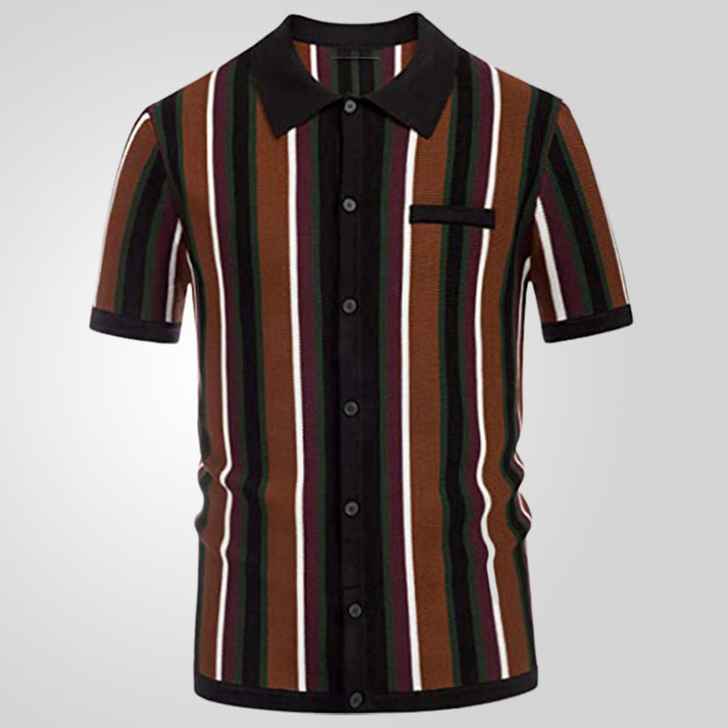 Men's Striped Lapel Short Sleeve Cardigan Polo Casual Shirt