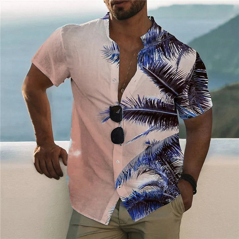 Men's 3D Printed Hawaiian Leaves Beach Casual Short Sleeve Shirt