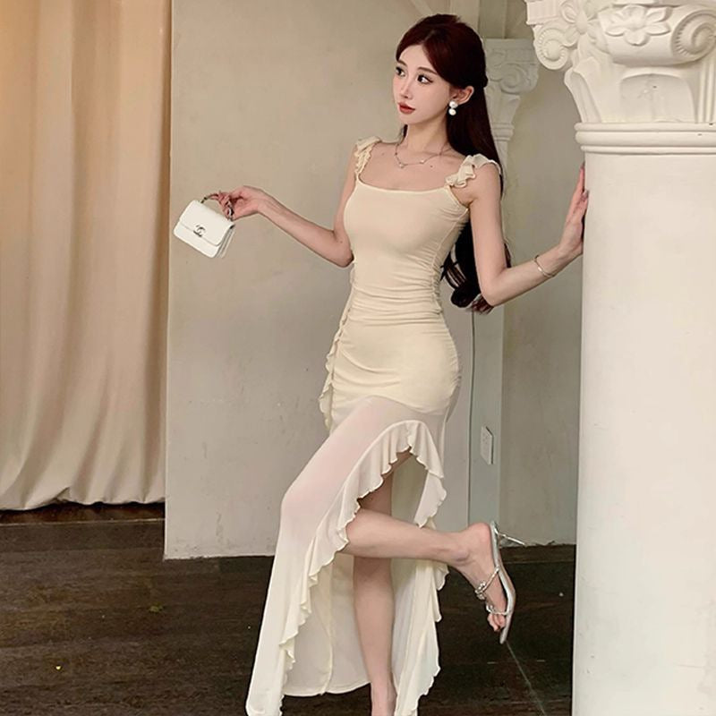 Mesh Suspender Slit Dress Women Irregular Long Summer Dress