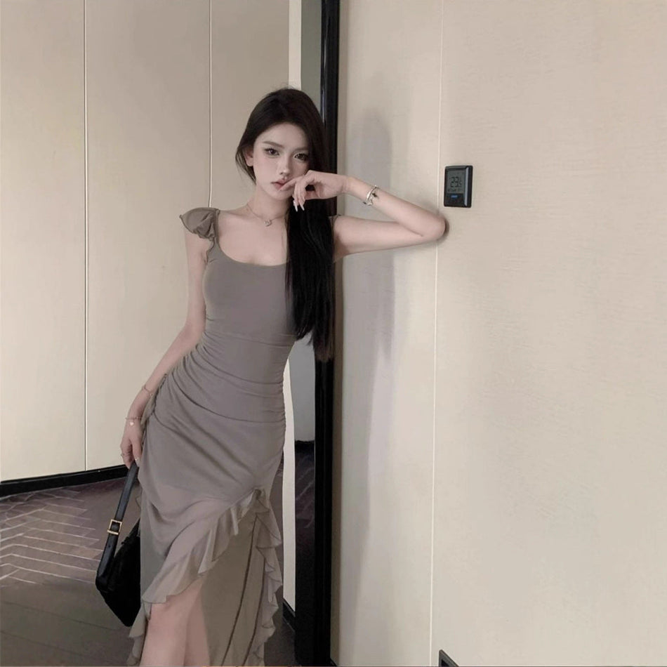 Mesh Suspender Slit Dress Women Irregular Long Summer Dress