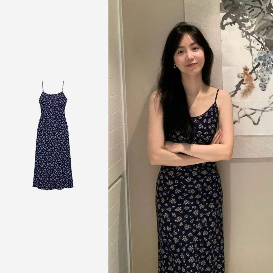 French Blue Floral Backless Suspender Maxi Dress Women