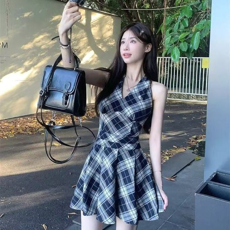 Black White Plaid Lace-Up Halter A-Line Dress Women Slim Fit