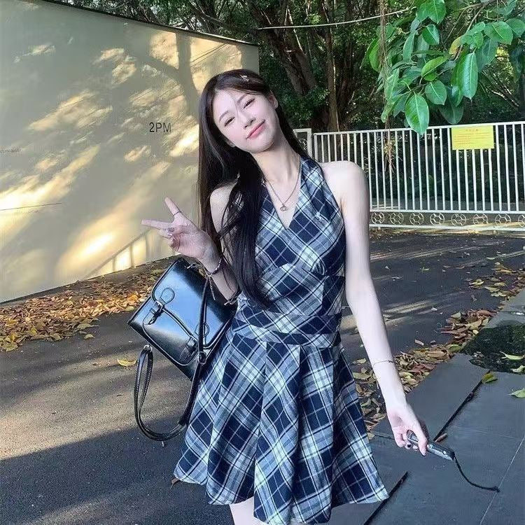 Black White Plaid Lace-Up Halter A-Line Dress Women Slim Fit