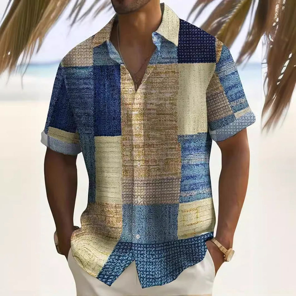 Men's Patchwork Print Short Sleeve Casual Button Summer Shirt