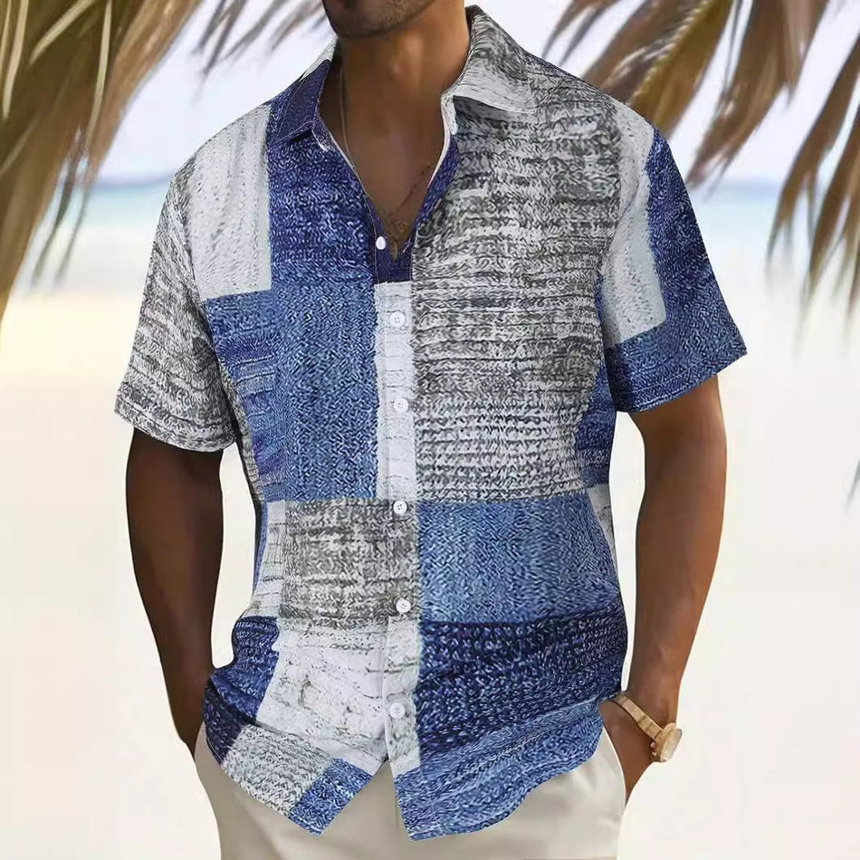 Men's Patchwork Print Short Sleeve Casual Button Summer Shirt