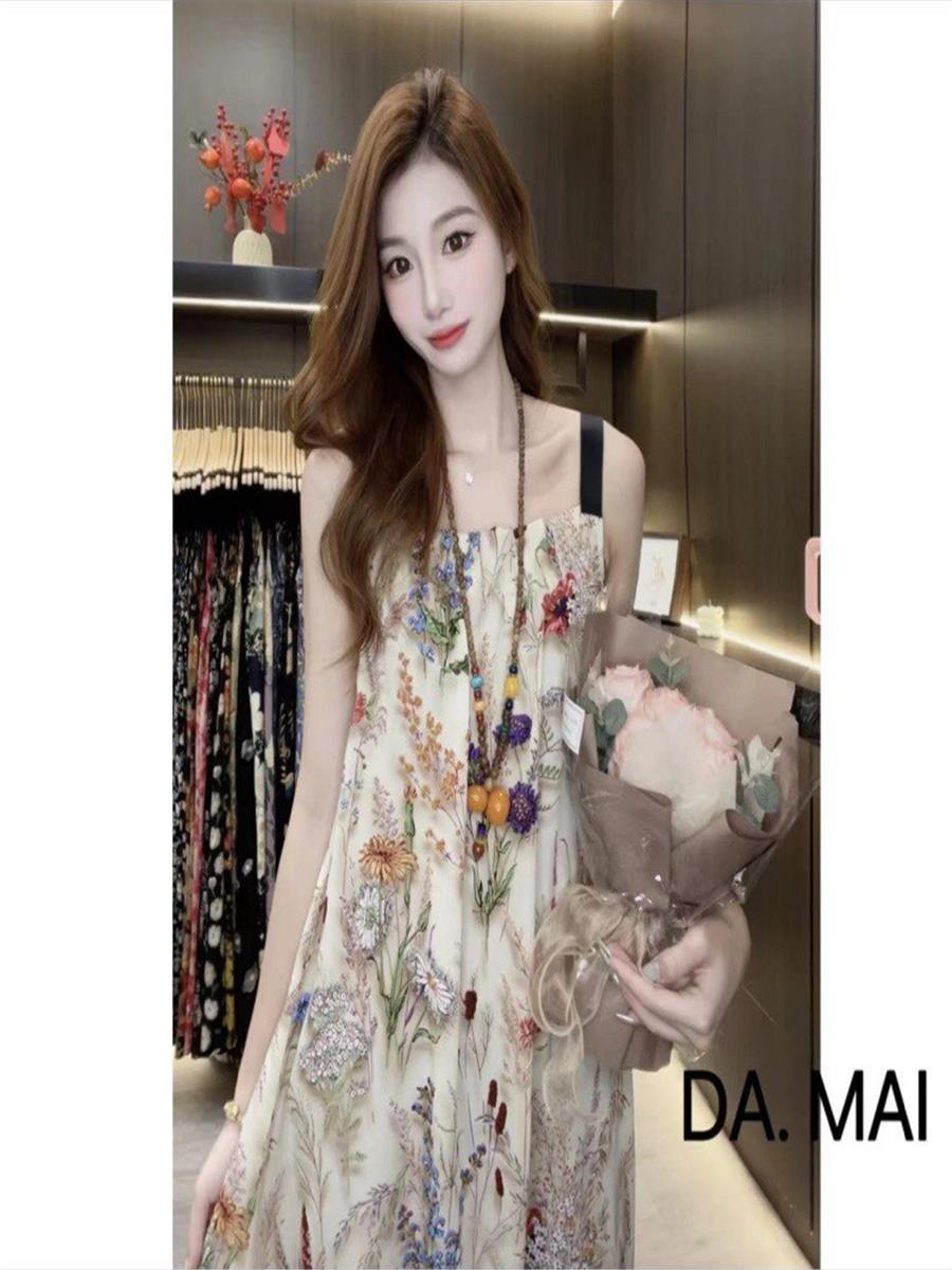 French Print Suspender Mid Length Dress Women Slim Fit Skirt