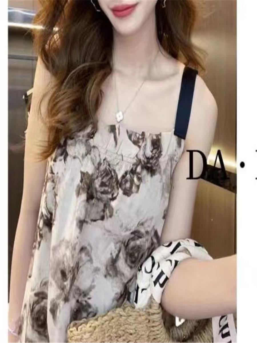 French Print Suspender Mid Length Dress Women Slim Fit Skirt