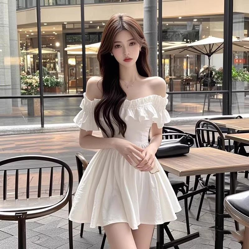 White Off Shoulder A-Line Dress Women Summer Elegant Midi Dress
