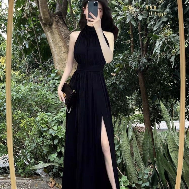 Black Halterneck Slit Waist Sleeveless Maxi Dress Women