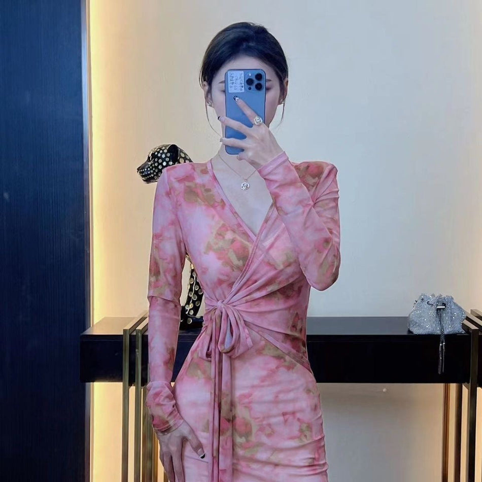 V Neck Lace Up Slit Maxi Dress Women Slim Fit Elegant Long Dress