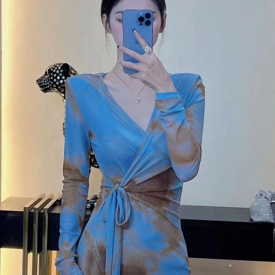 V Neck Lace Up Slit Maxi Dress Women Slim Fit Elegant Long Dress
