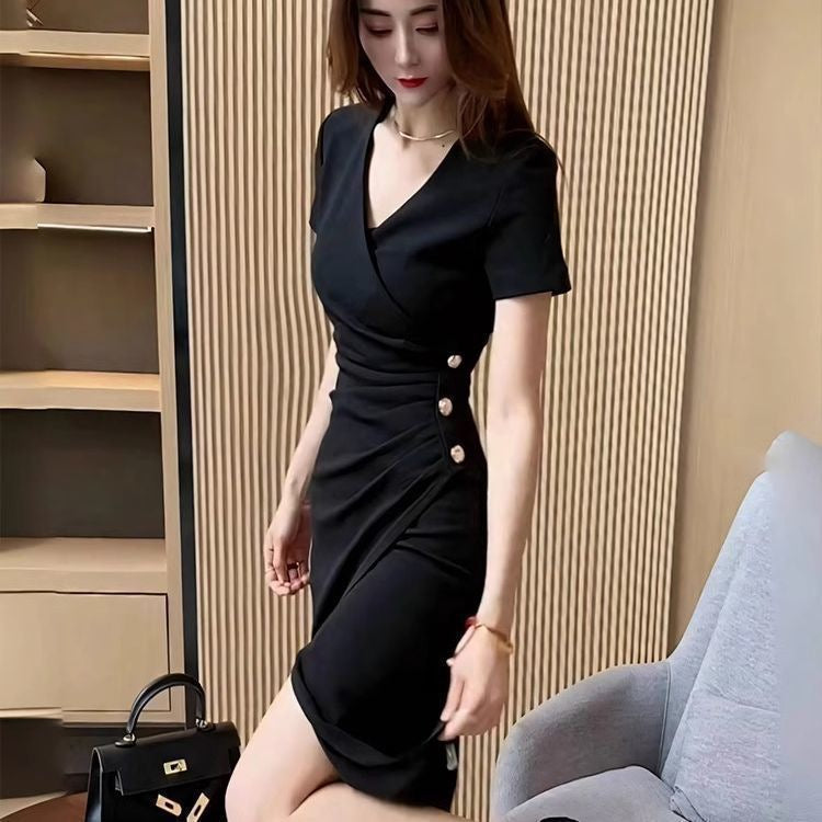 French Hepburn Asymmetrical Black Midi Dress Women Slim Fit Skirt