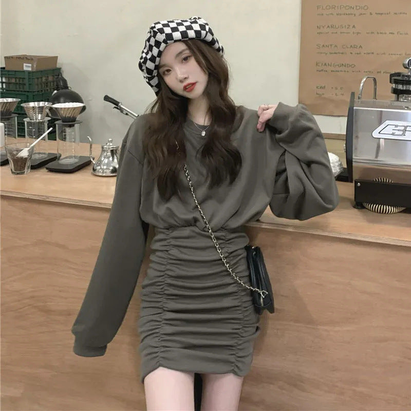 Pleated Hip Hugging Short Dress Women Autumn Winter Elegant Style