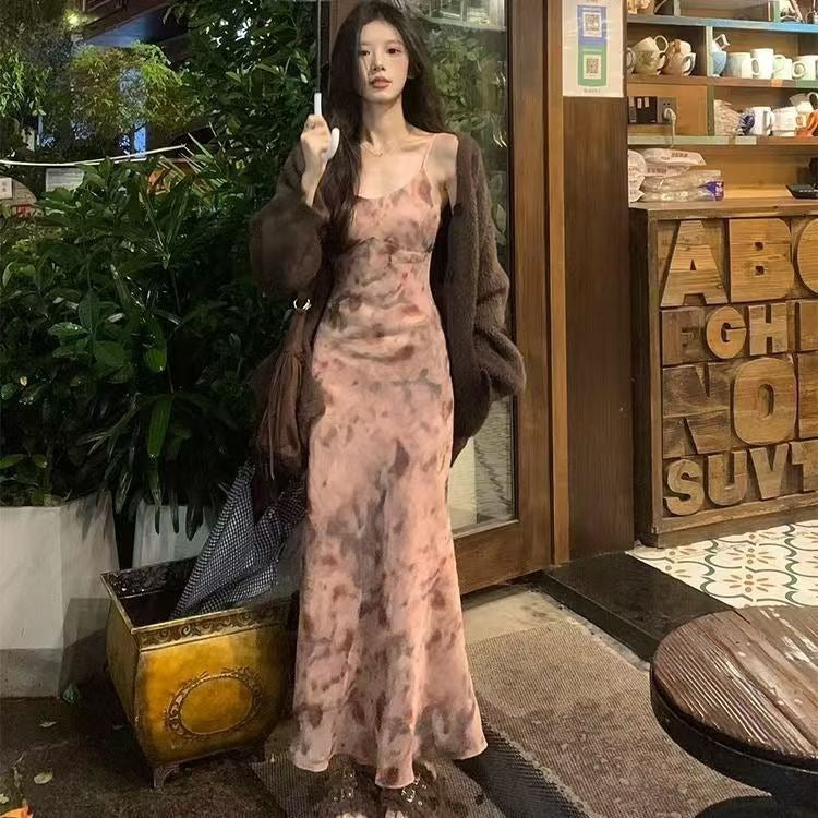 Dried Rose French Cardigan Set Dress Women Slimming A-Line Midi