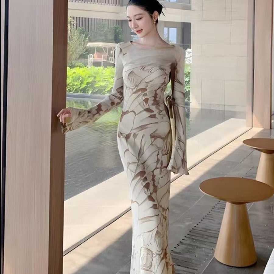 Printed Elegant Midi Dress Women Light Luxury Occasion Wear