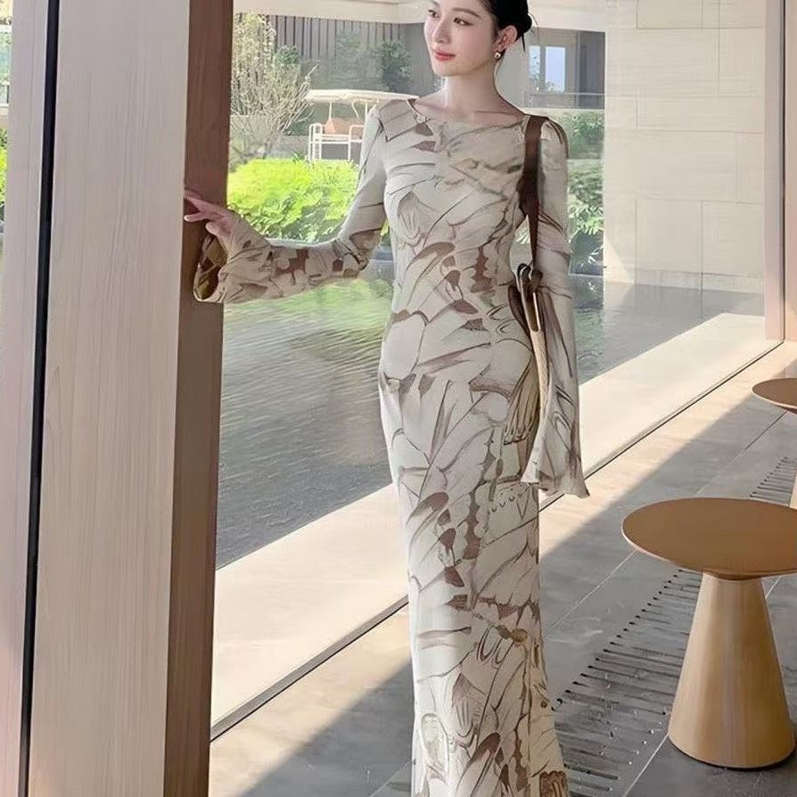 Printed Elegant Midi Dress Women Light Luxury Occasion Wear