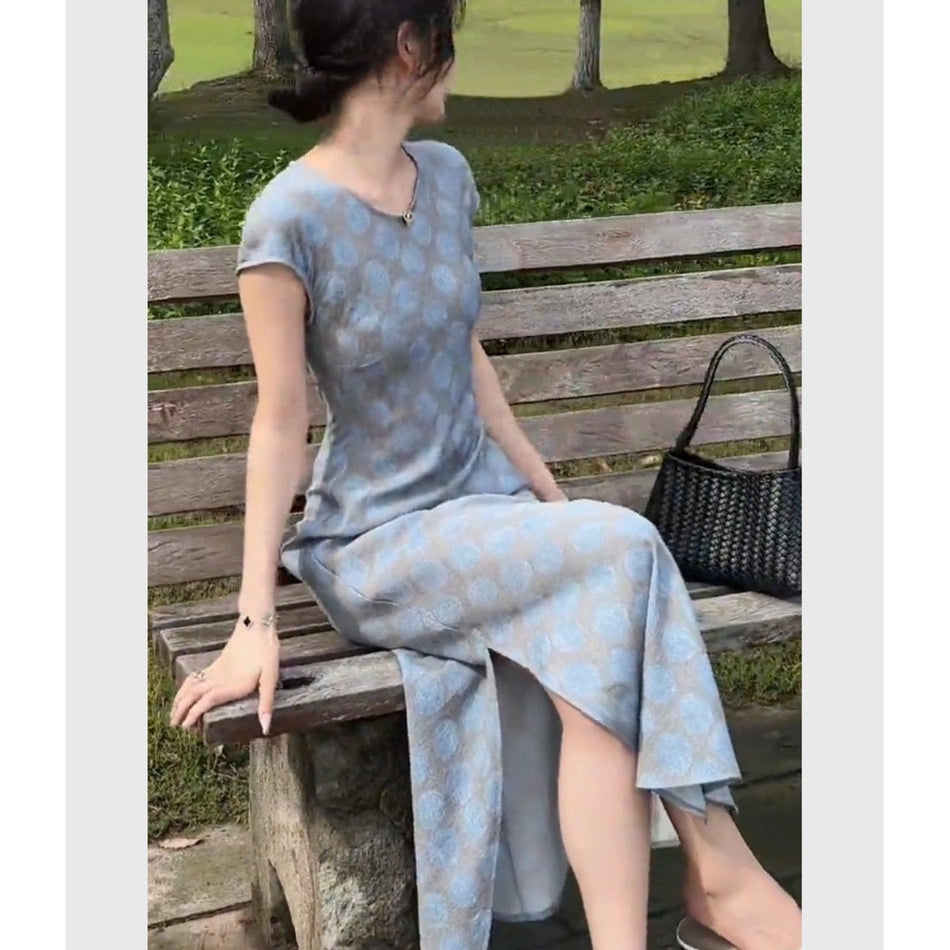 Retro Printed Waist Slit Midi Dress Women Slim Fit Summer Dress