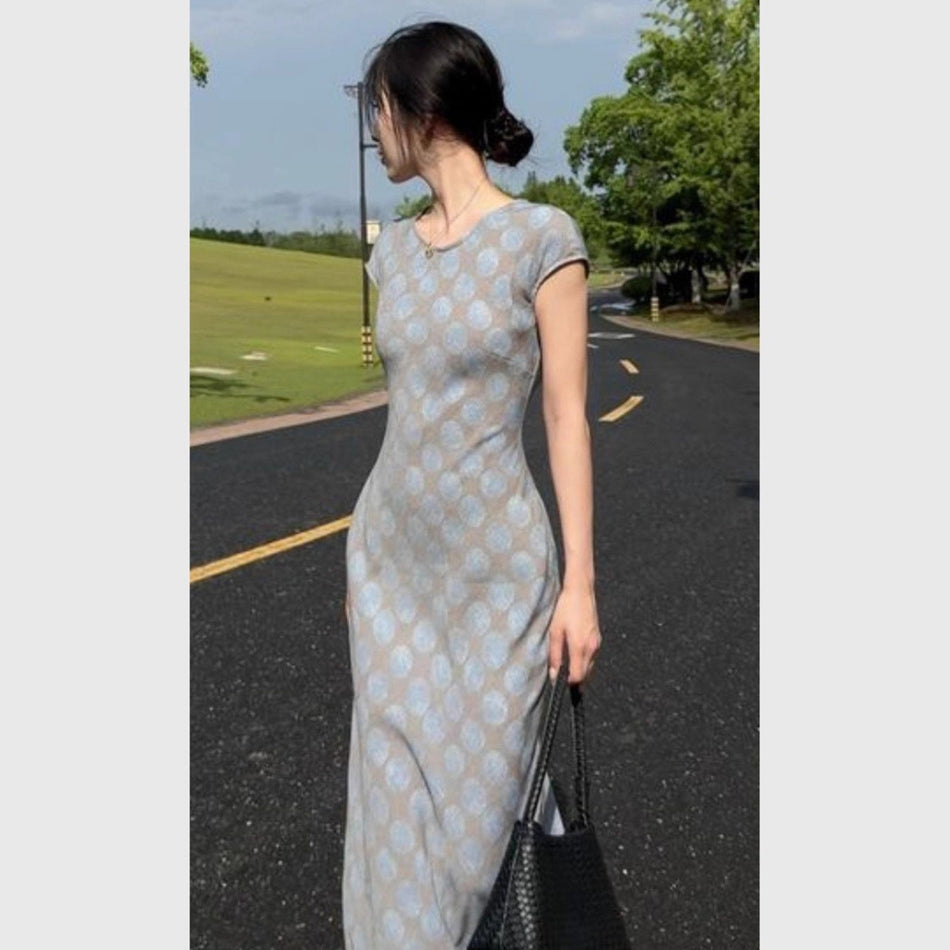 Retro Printed Waist Slit Midi Dress Women Slim Fit Summer Dress