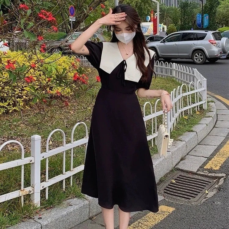French Retro Doll Collar Midi Dress Women Waist Cinched Slim Fit