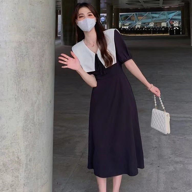 French Retro Doll Collar Midi Dress Women Waist Cinched Slim Fit