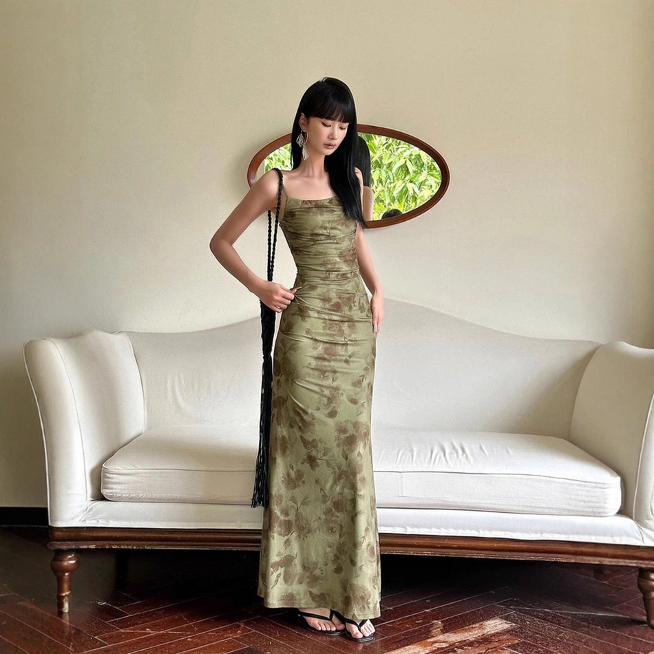 Green Mesh Floral Suspender Fishtail Maxi Dress Women Elegant