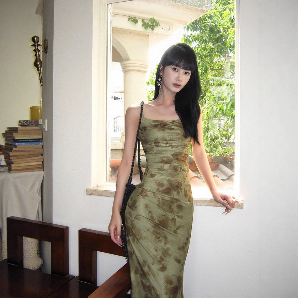 Green Mesh Floral Suspender Fishtail Maxi Dress Women Elegant