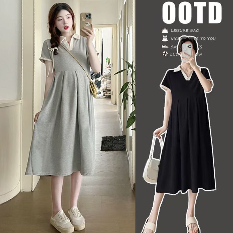Western Collar Pleated Maternity Midi Dress Women Loose Fit