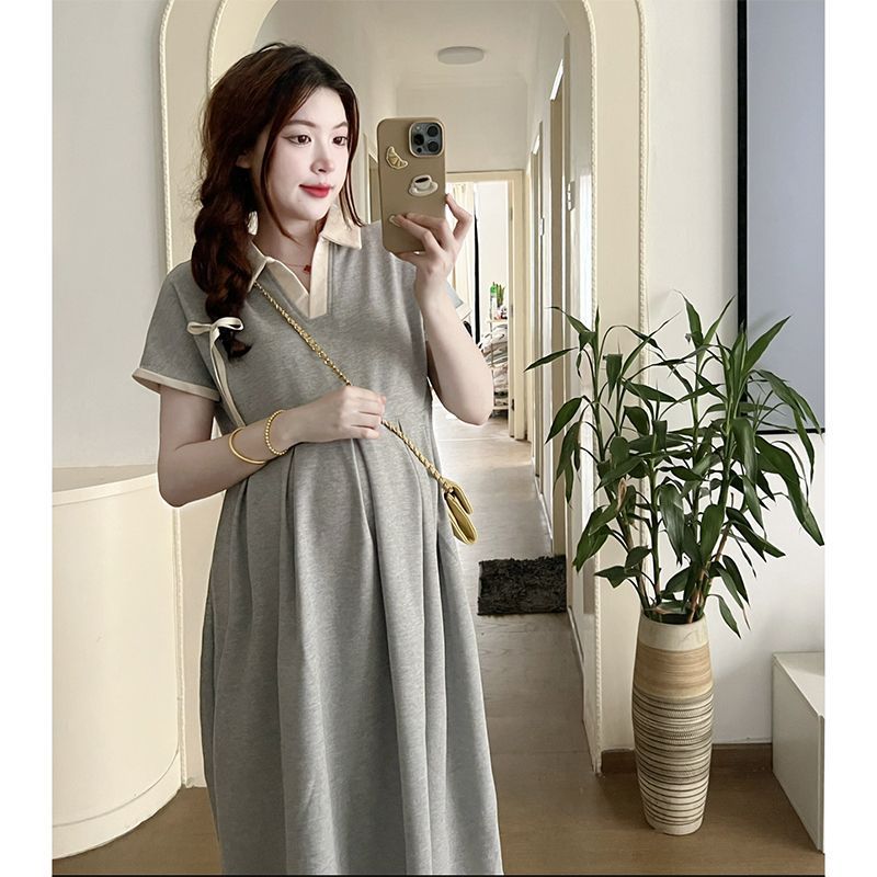 Western Collar Pleated Maternity Midi Dress Women Loose Fit