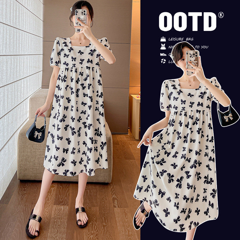 Square Collar Butterfly Maternity Midi Dress Women Plus Size