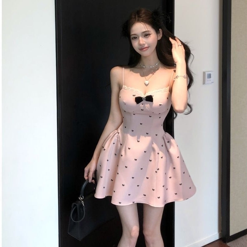 Bow Lace Print Suspender Dress Women Slim Fit Summer Mini Dress