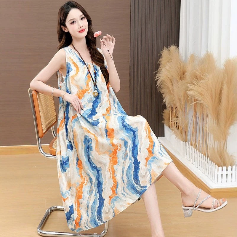 Plus Size Cotton Silk Lounge Dress Women Loose Midi with Pockets