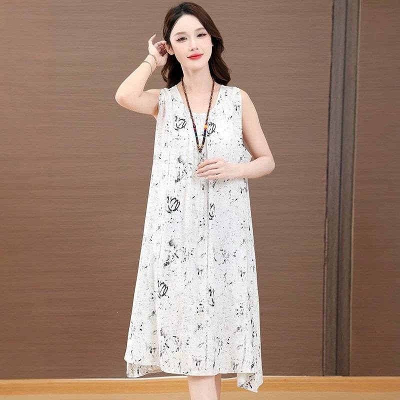 Plus Size Cotton Silk Lounge Dress Women Loose Midi with Pockets