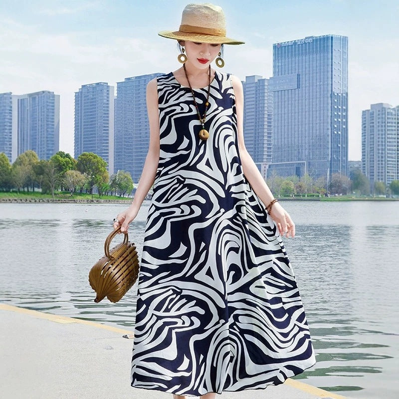 French Cotton Silk Sleeveless Beach Maxi Dress Women Elegant