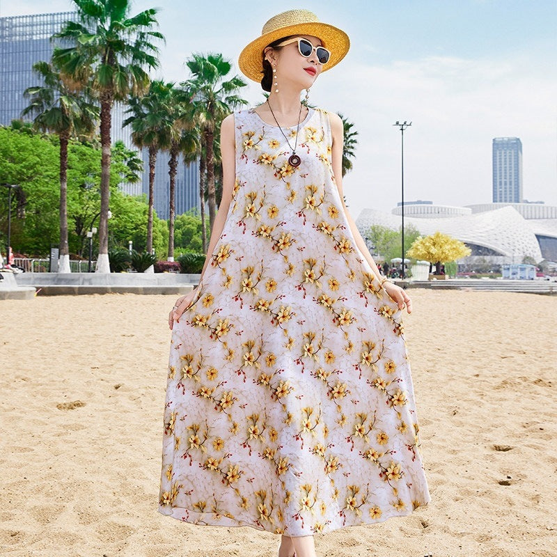 French Cotton Silk Sleeveless Beach Maxi Dress Women Elegant