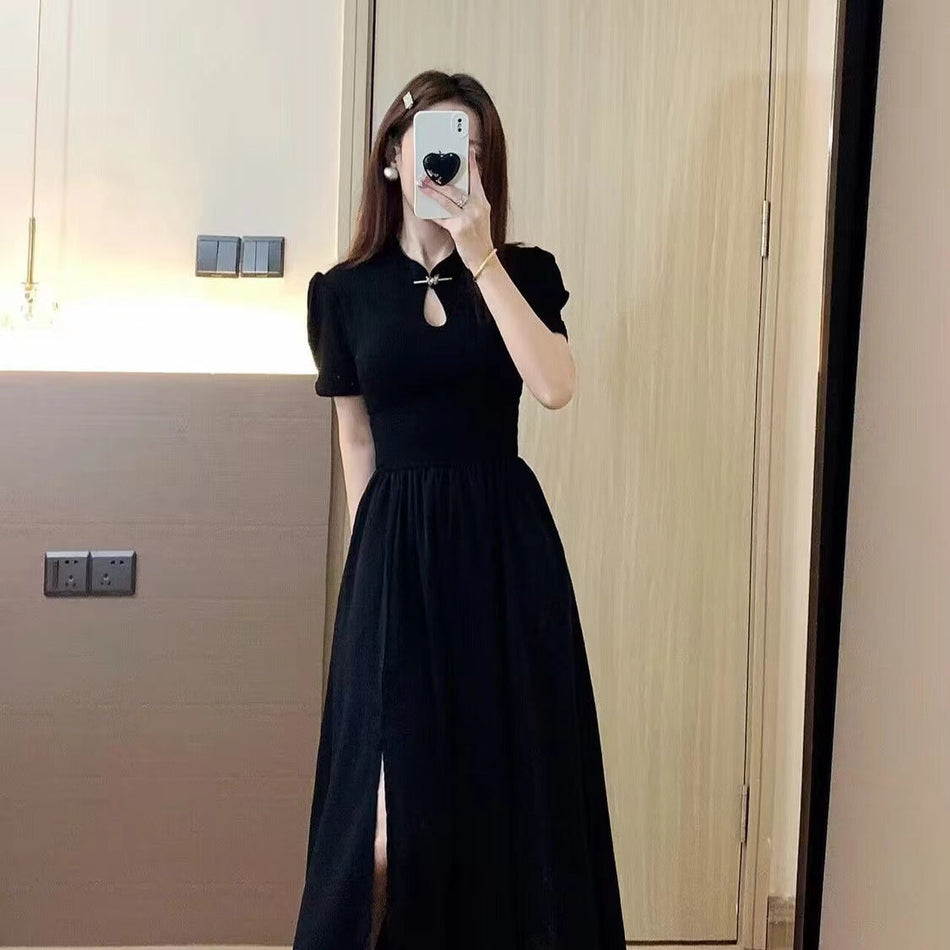 Chinese Style Cheongsam Midi Dress Women Black Side Slit Dress