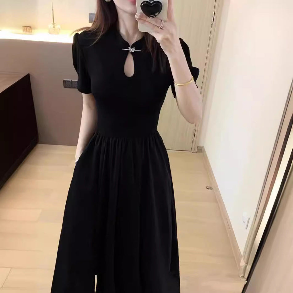 Chinese Style Cheongsam Midi Dress Women Black Side Slit Dress