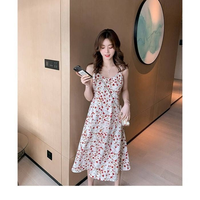Floral Suspender A-Line Midi Dress Women Korean Style Summer