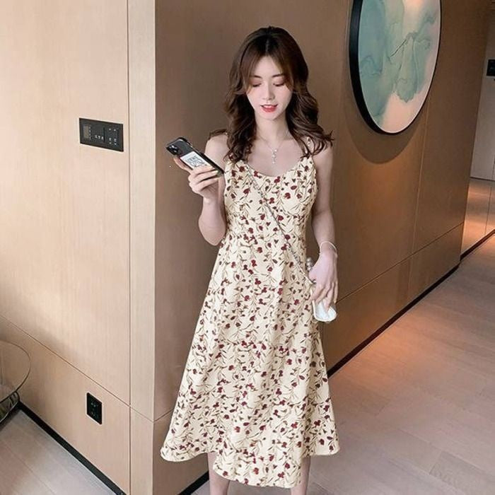 Floral Suspender A-Line Midi Dress Women Korean Style Summer