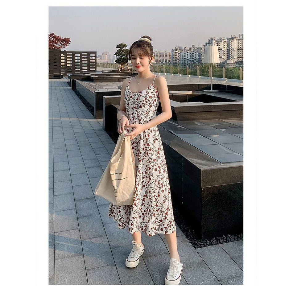 Floral Suspender A-Line Midi Dress Women Slim Fit Summer Dress