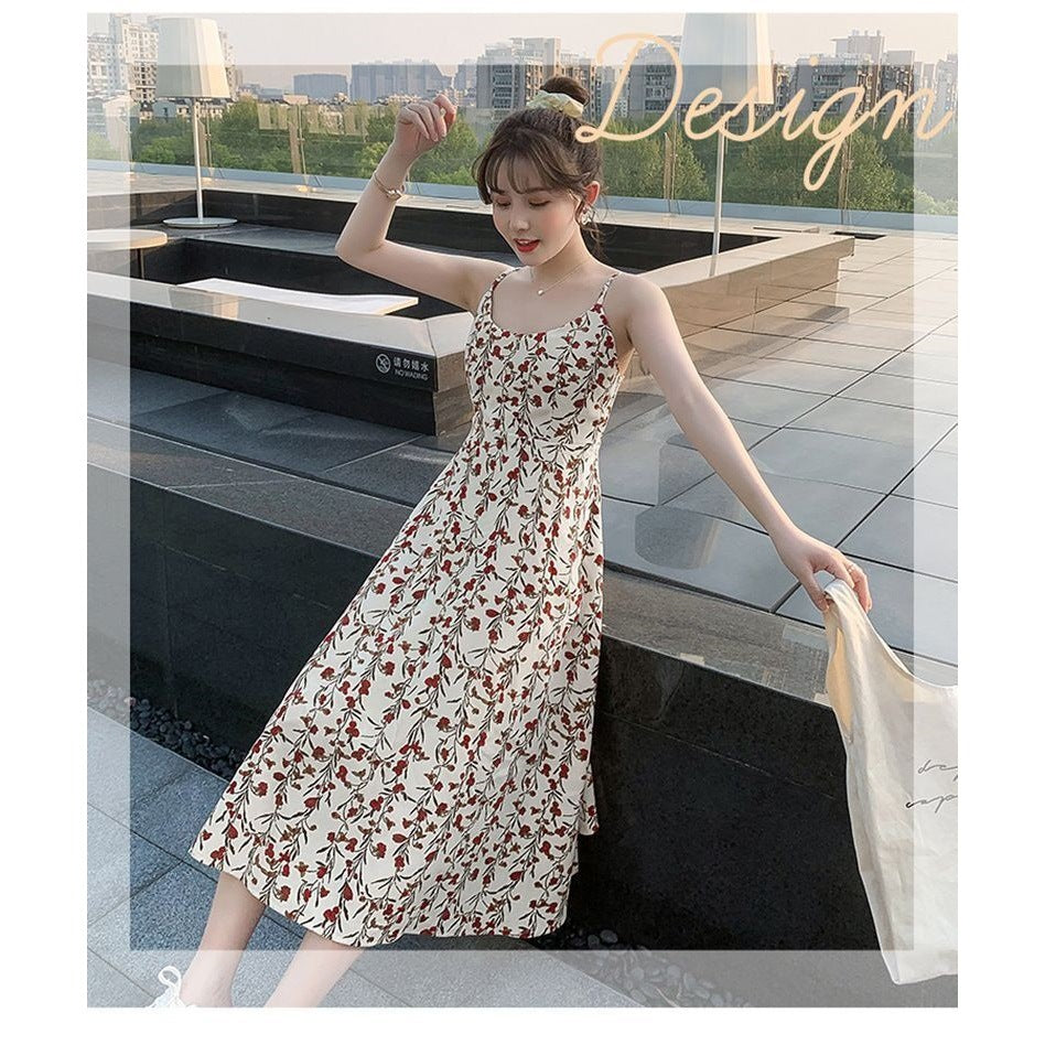 Floral Suspender A-Line Midi Dress Women Slim Fit Summer Dress