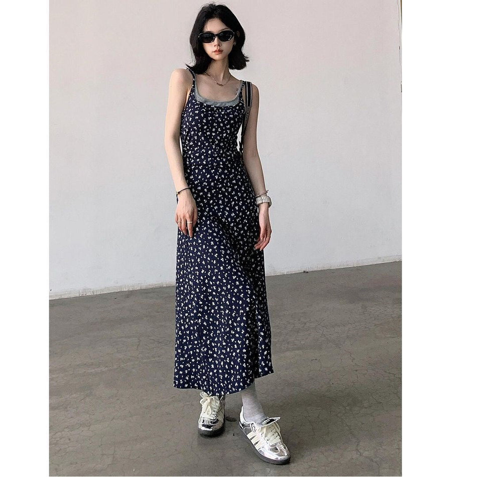 Contrast Floral Print Spaghetti Strap A-Line Midi Dress Women