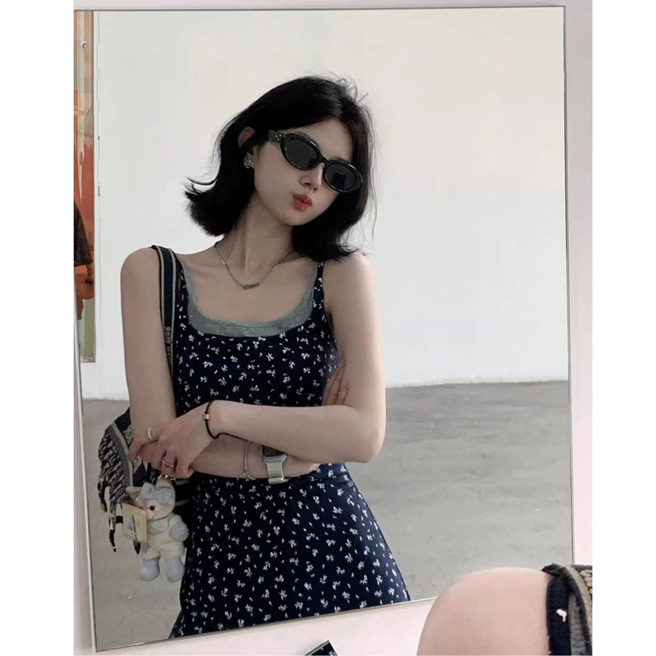 Contrast Floral Print Spaghetti Strap A-Line Midi Dress Women