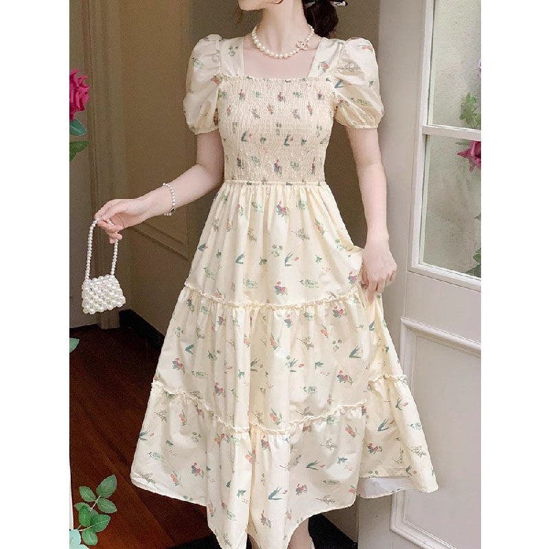 French Floral Square Neck Puff Sleeve Midi Dress Women Elegant