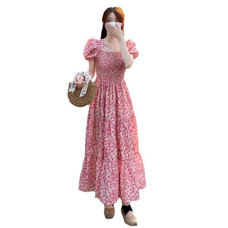 French Floral Square Neck Puff Sleeve Midi Dress Women Elegant